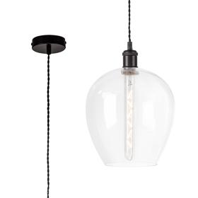 DK1108  Cawdor Single Pendant, 1 Light E27, Matt Black/Black/Clear Wine Glass
